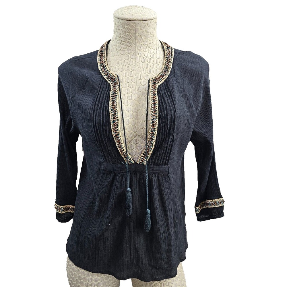 Joie Womens XS Black Cotton Crepe Beaded 3/4 Sleeve Peasant Blouse Shirt EUC